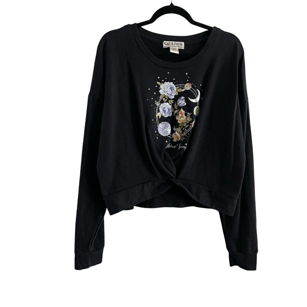 Cut & Paste Women XXL Black Boho Casual Twist Front Cropped Graphic Sweatshirt